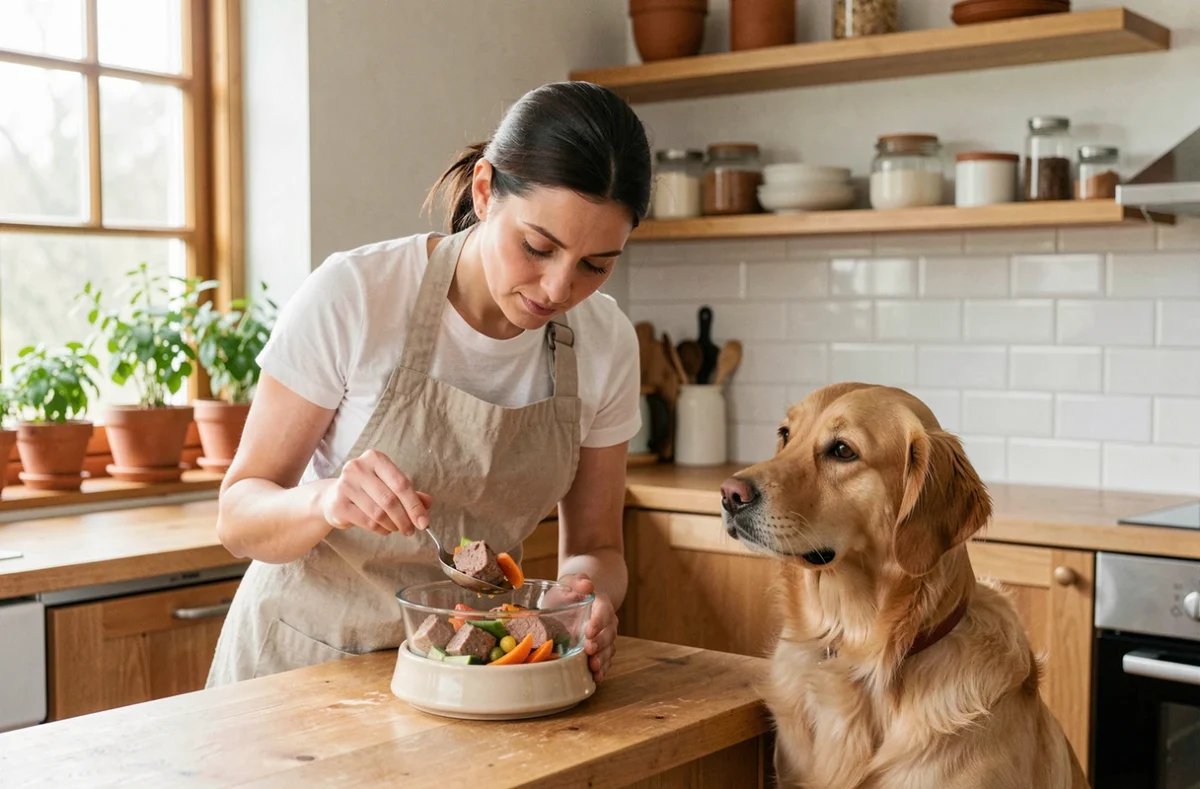 Femme préparant un repas frais maison pour son chien golden retriever dans une cuisine moderne en bois, alternative saine aux croquettes