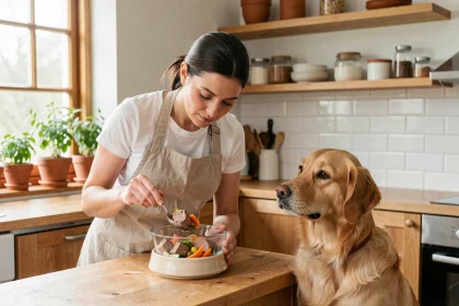 Femme préparant un repas frais maison pour son chien golden retriever dans une cuisine moderne en bois, alternative saine aux croquettes