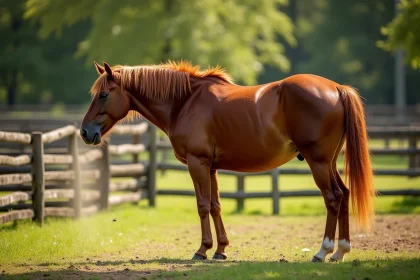 Cheval bai dans un paddock avec répulsif anti-mouches vaporisé sur sa robe, quelques mouches visibles autour de lui