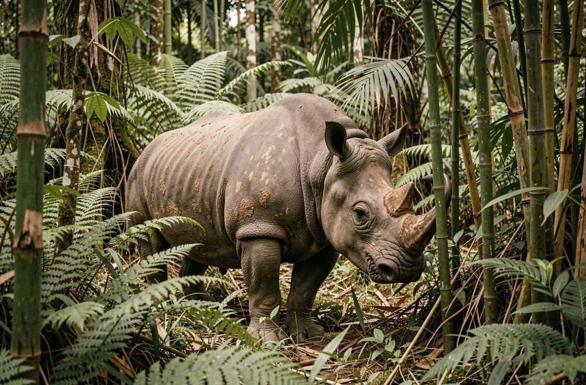 Rhinocéros de Java dans la forêt tropicale dense du parc national d'Ujung Kulon, animal le plus rare du monde