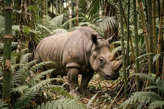 Rhinocéros de Java dans la forêt tropicale dense du parc national d'Ujung Kulon, animal le plus rare du monde