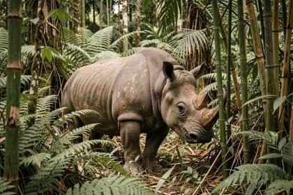 Rhinocéros de Java dans la forêt tropicale dense du parc national d'Ujung Kulon, animal le plus rare du monde