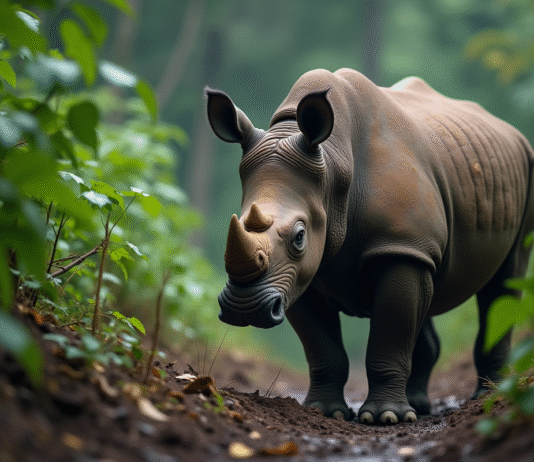 Jeune rhinoceros de Java dans la forêt humide