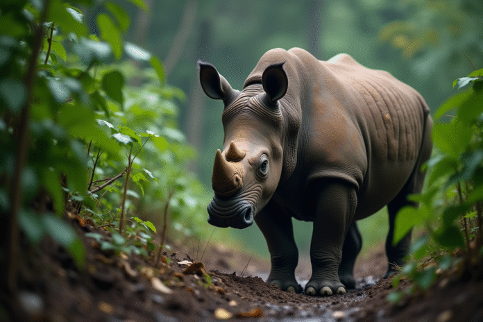 rhinoceros-javan-foret-mist Jeune rhinoceros de Java dans la forêt humide
