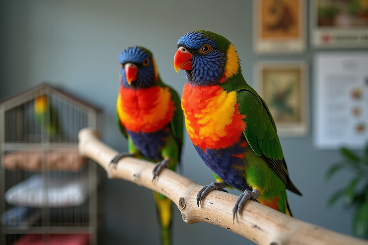 Deux rosellas colorés perchés sur un branche en intérieur