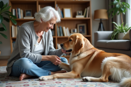 Femme âgée caressant un chien golden retriever dans un salon chaleureux