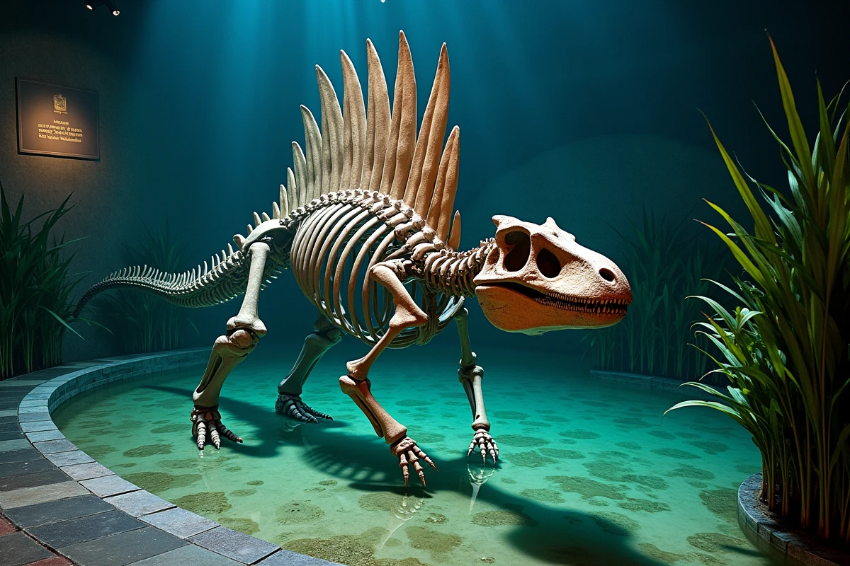 Reconstitution squelettique du Spinosaurus aegyptiacus dans une installation muséale semi-aquatique évoquant son environnement de vie