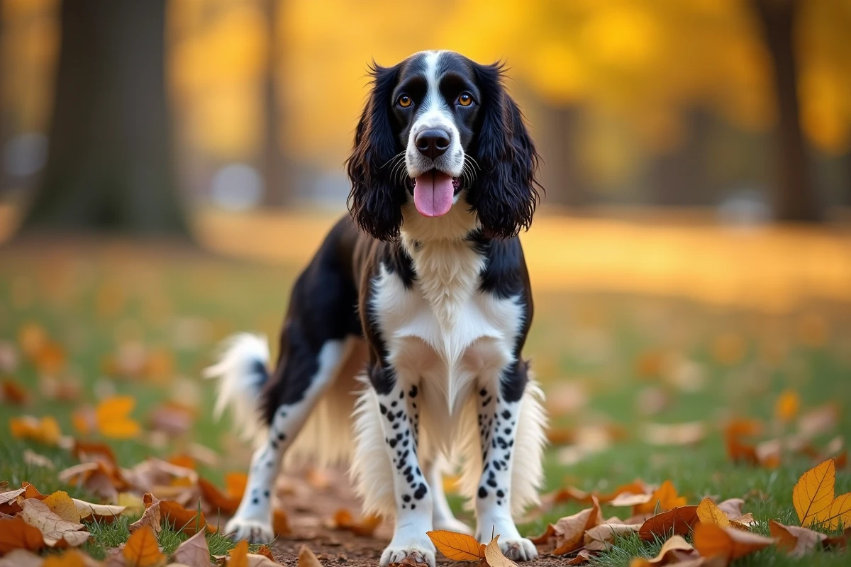 Springer anglais adulte en plein air dans un parc en automne, debout sur un chemin couvert de feuilles dorées, avec un pelage noir et blanc bien entretenu