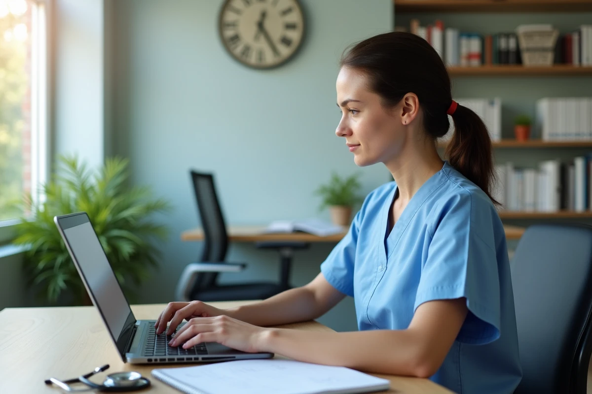 Technicienne vétérinaire suivant une formation en ligne sur son ordinateur portable dans un bureau calme