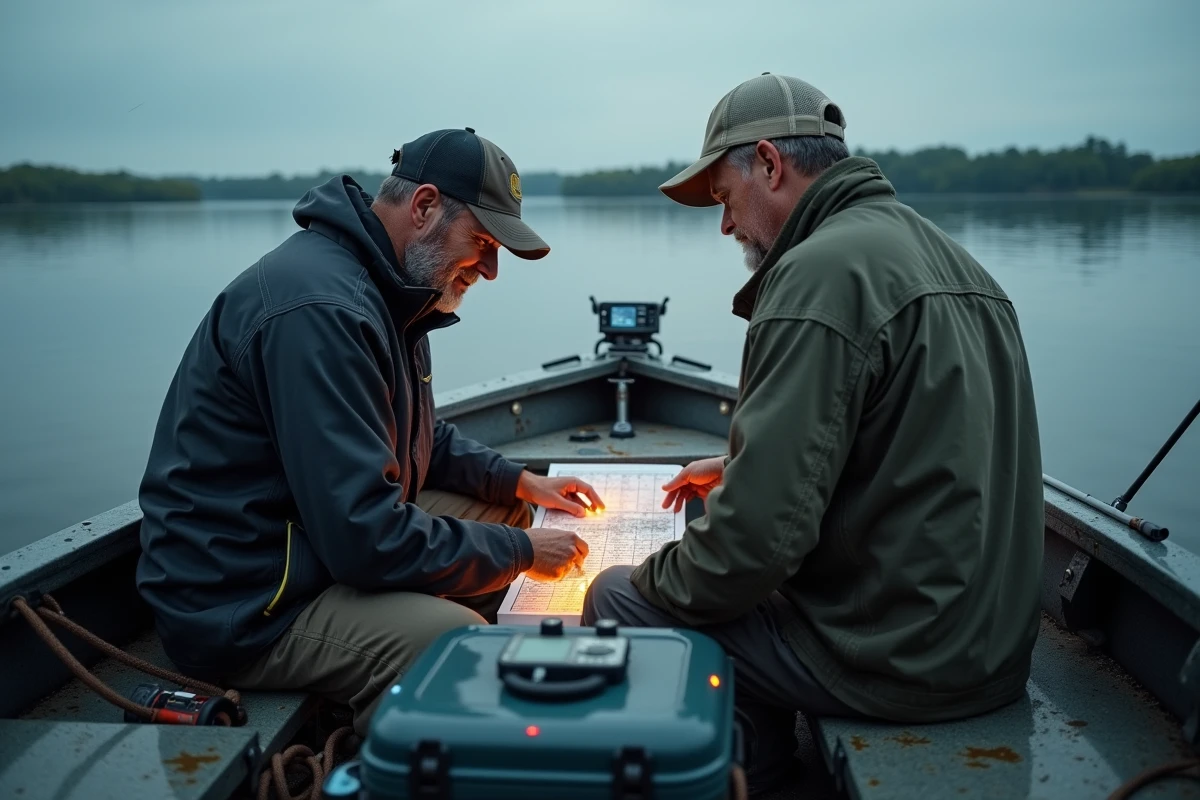 Deux pêcheurs sur un bateau plat étudiant les techniques et équipements de pêche au silure géant sur une grande rivière