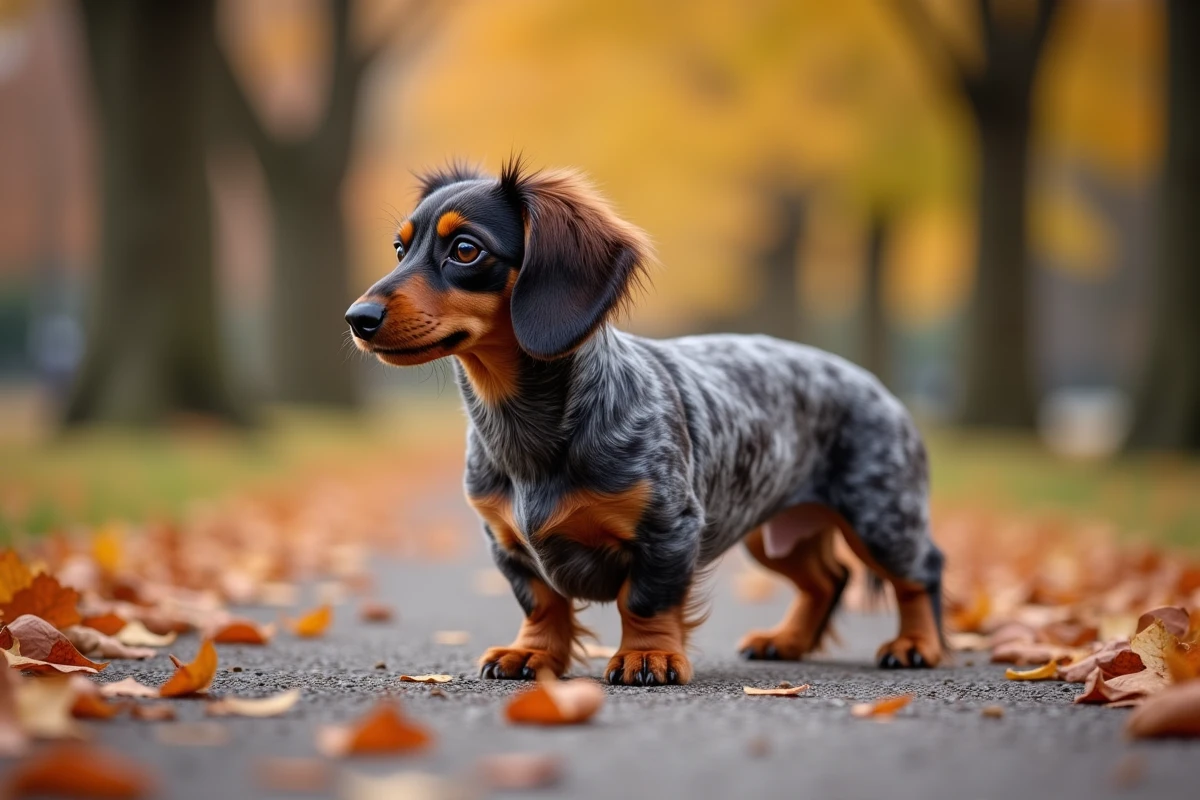 Teckel arlequin à poil dur debout sur un chemin de gravier en automne dans un parc
