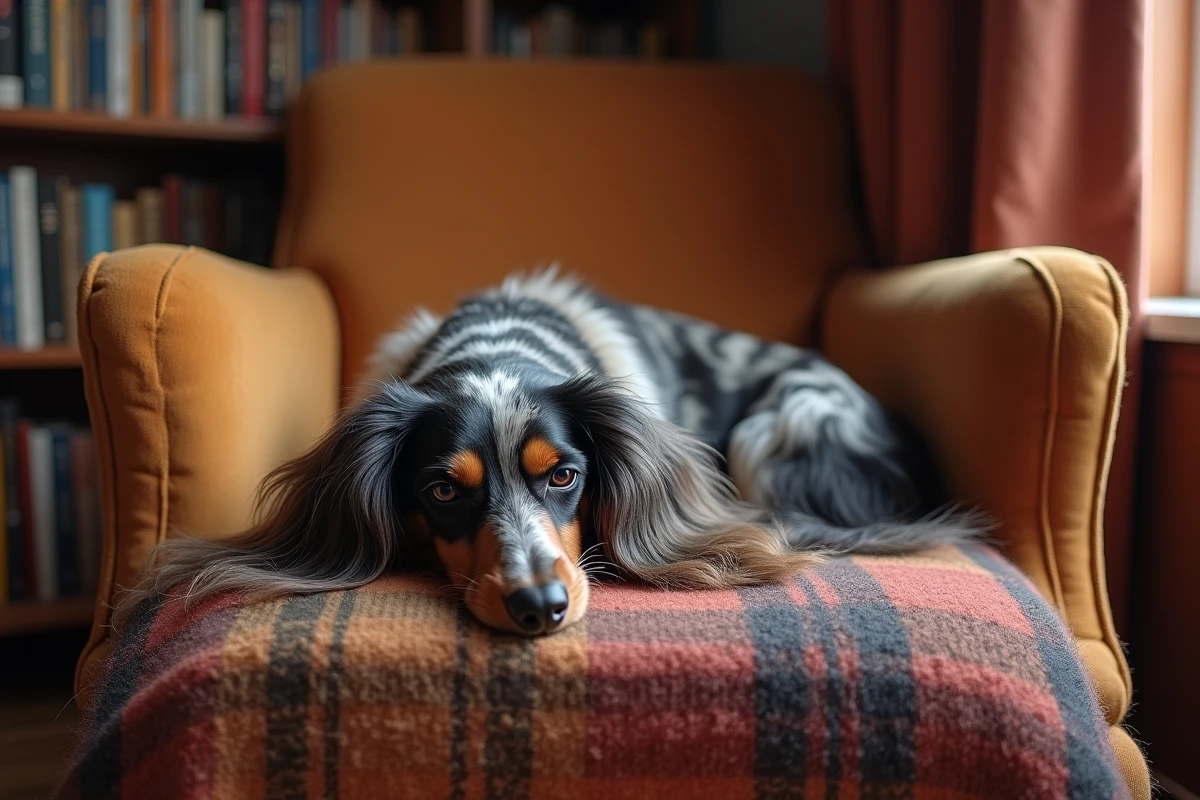 Teckel arlequin à poil long allongé sur un fauteuil vintage avec couverture en laine