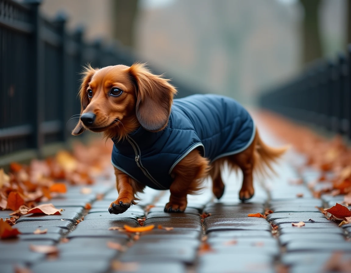 Teckel poil long en manteau imperméable bleu marine lors d'une promenade en parc urbain automnal