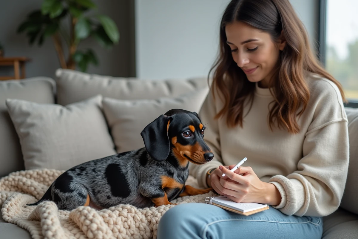 Femme examinant un teckel nain arlequin allongé sur un canapé, comparaison entre chien LOF et non LOF