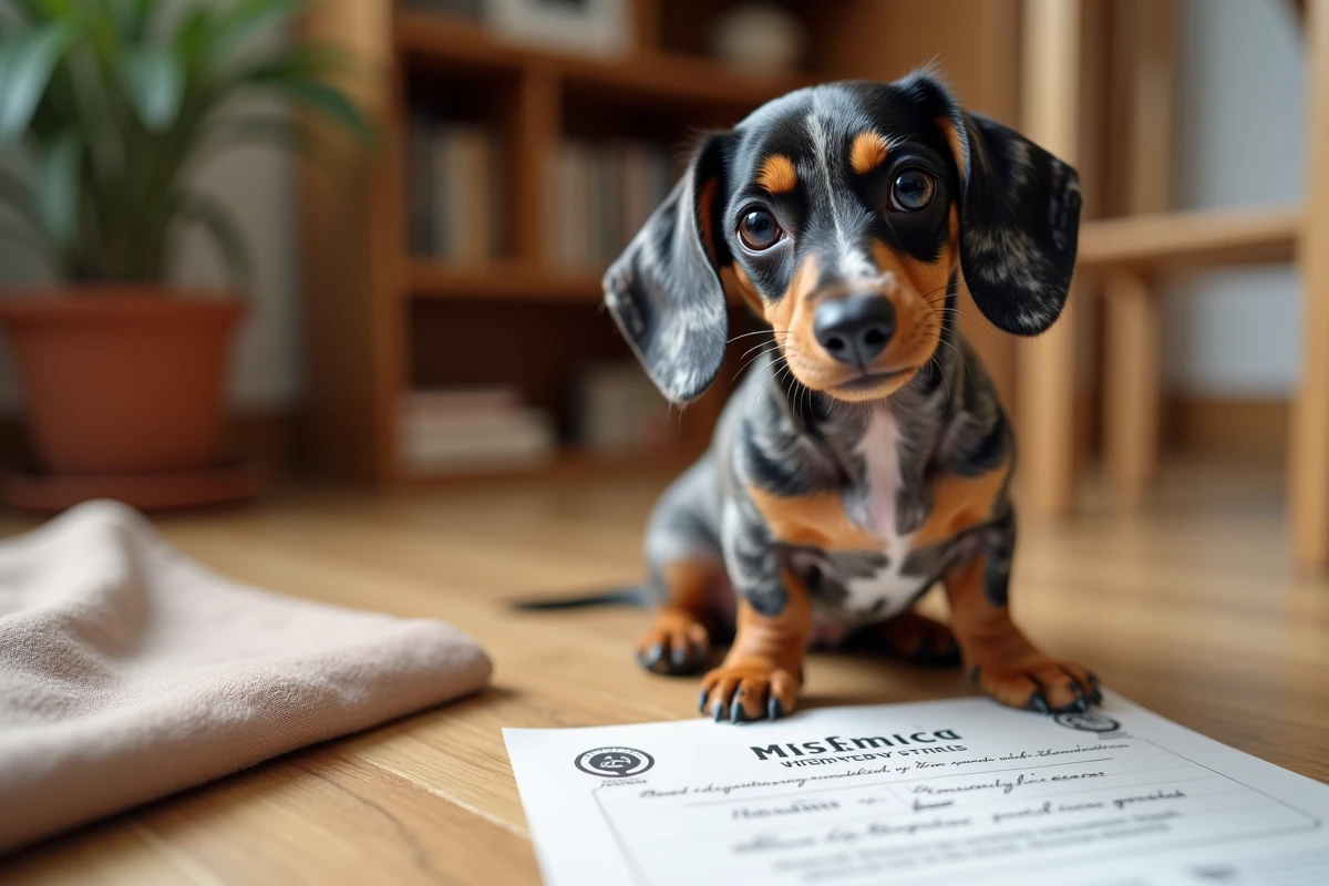 Teckel nain arlequin assis près d'un document pedigree LOF sur un parquet en bois, vue de trois quarts