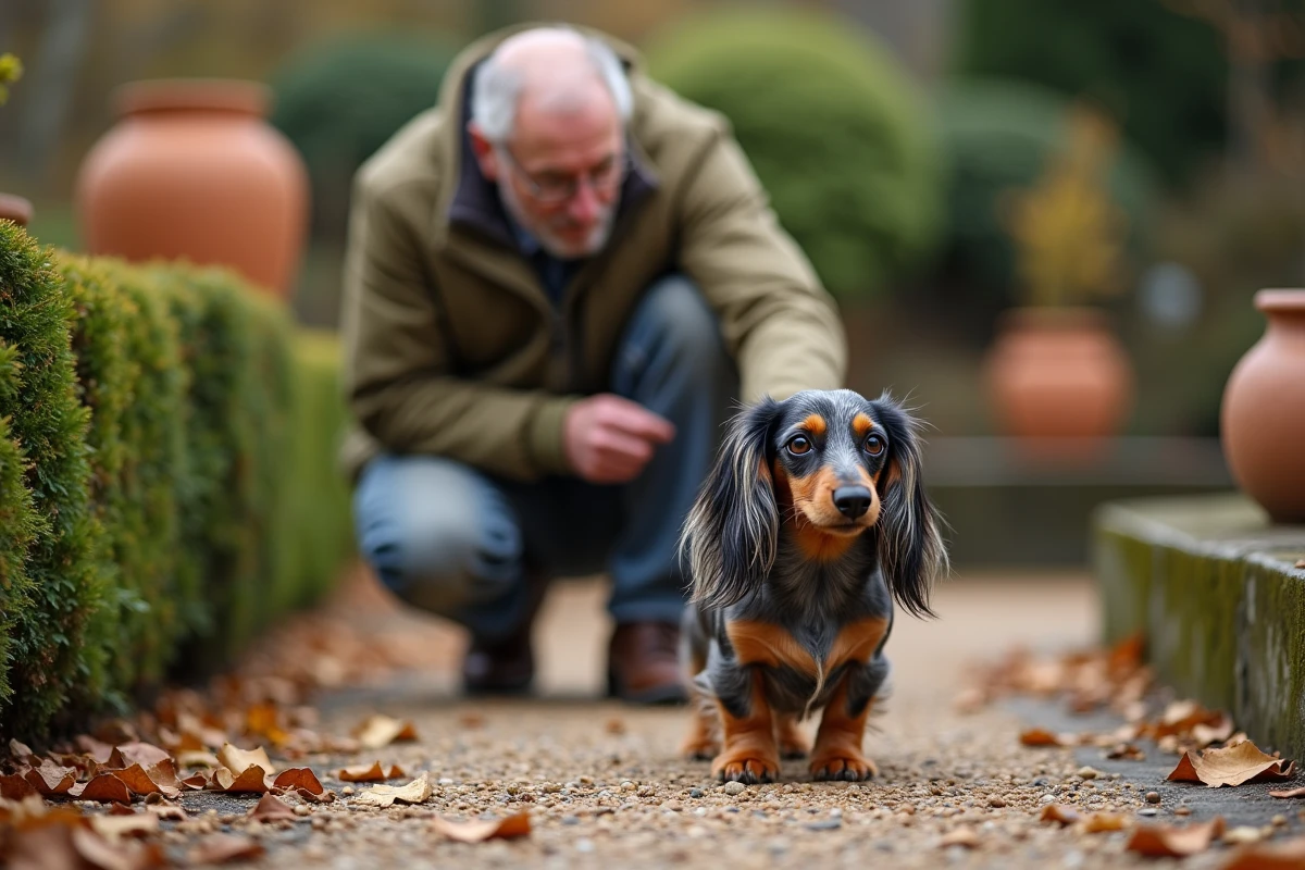 Propriétaire promenant lentement son teckel nain poil long arlequin senior dans un jardin en automne, adapté à son rythme