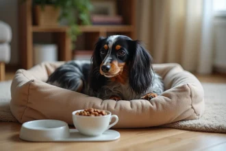 Teckel nain poil long arlequin senior allongé sur un coussin orthopédique avec gamelle adaptée à son alimentation
