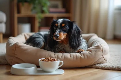 Teckel nain poil long arlequin senior allongé sur un coussin orthopédique avec gamelle adaptée à son alimentation