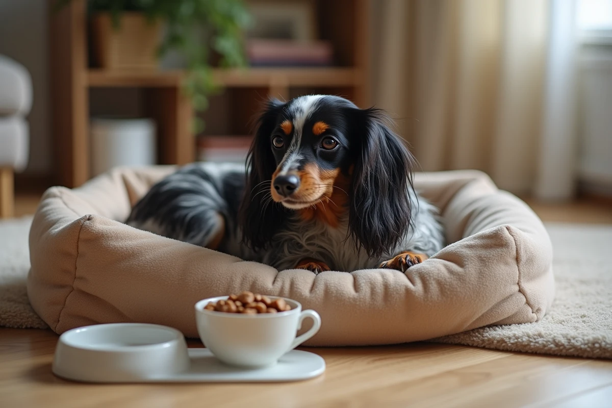Teckel nain poil long arlequin senior allongé sur un coussin orthopédique avec gamelle adaptée à son alimentation