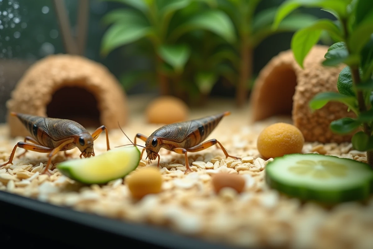 Terrarium de grillons d'ornement avec nourriture variée incluant avoine, concombre et fruits secs