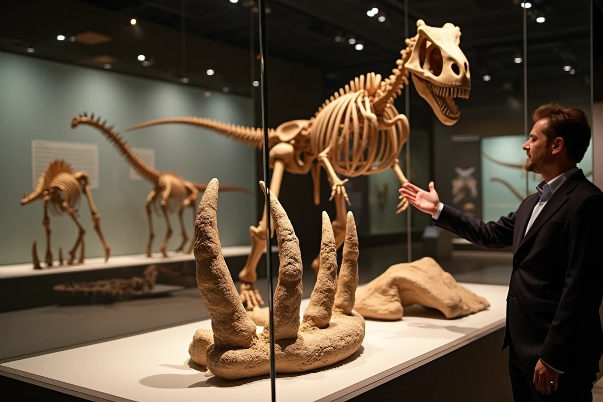 Griffes fossiles géantes du Therizinosaurus cheloniformis en vitrine avec la reconstitution squelettique de ce dinosaure inclassable visible en arrière-plan
