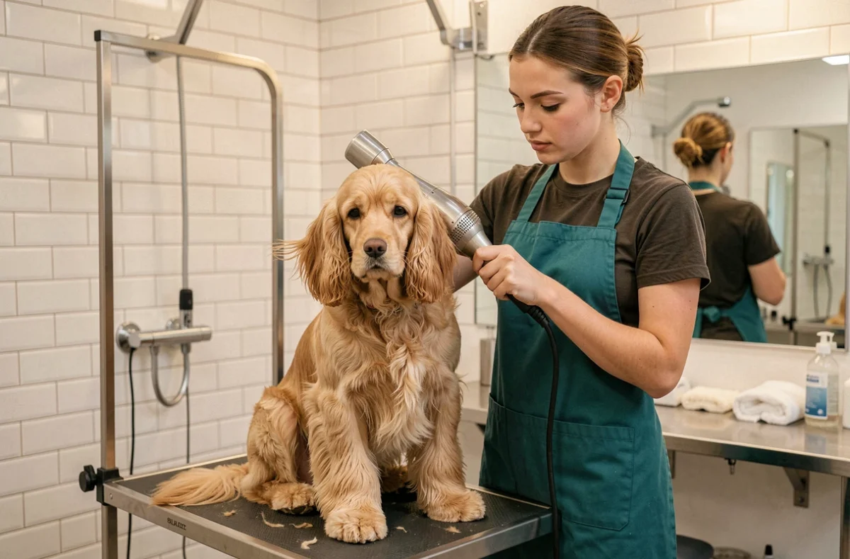 Jeune toiletteuse séchant un cocker spaniel doré dans le salon Toutou Coif' à Orléans, Loiret