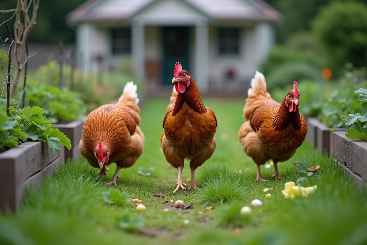 Trois poules Plymouth Rock en liberté dans un potager, mangeant des légumes frais et des herbes pour favoriser une ponte régulière