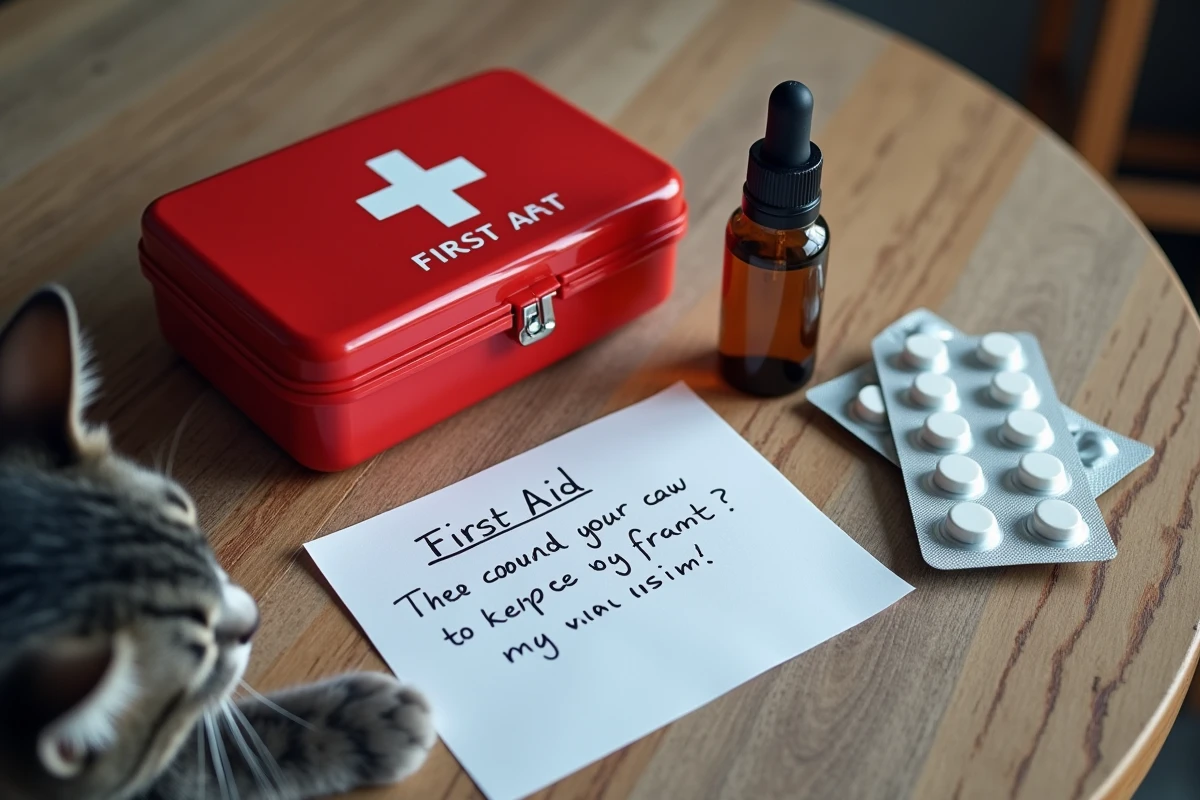Trousse de premiers secours avec médicaments et chat gris endormi sur une table en bois pour soins d'urgence à domicile