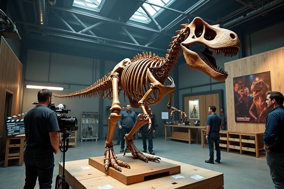 Squelette de Tyrannosaurus rex sur un plateau de tournage hollywoodien entouré de matériel cinématographique et d'équipes de production