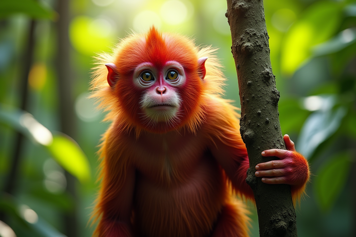 Uakari rouge dans la forêt tropicale lumineuse