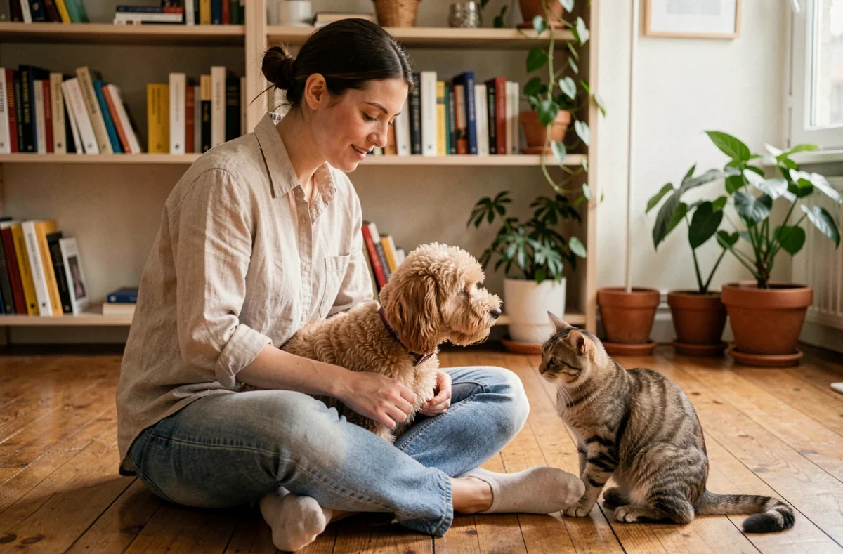Une gardienne d'animaux jouant avec un chien et un chat dans un appartement parisien chez Une Vie au Poil dans le 13e
