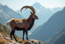 Urial debout sur un rocher en pleine lumière naturelle