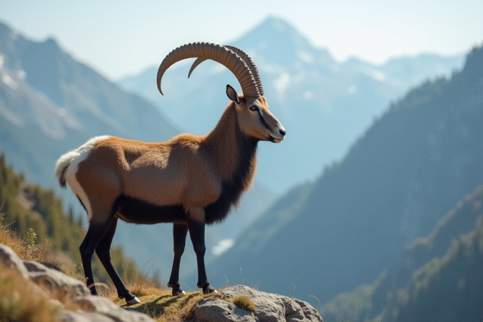 Urial debout sur un rocher en pleine lumière naturelle