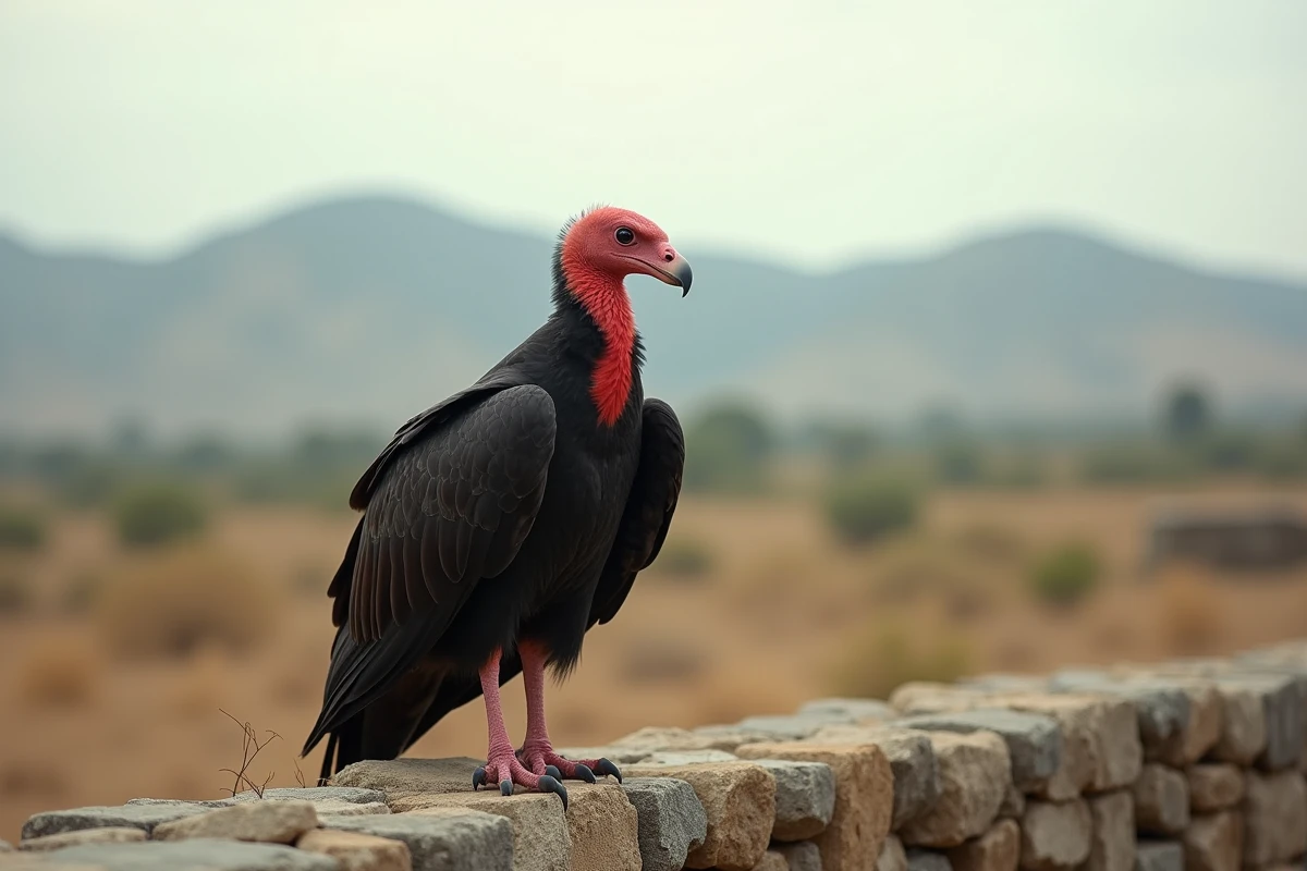 Urubu vautour perché sur un mur en pierre, animal en U typique des mots croisés