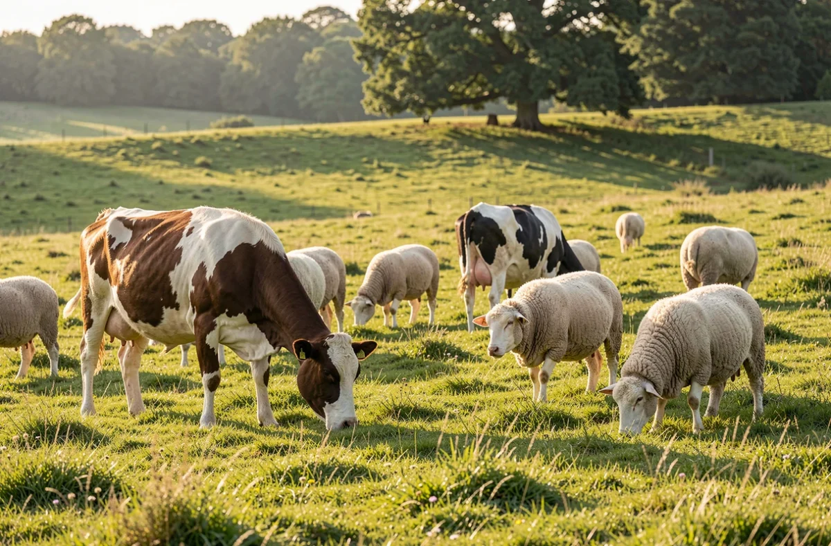 Vaches et moutons dans un pré à la lumière du matin