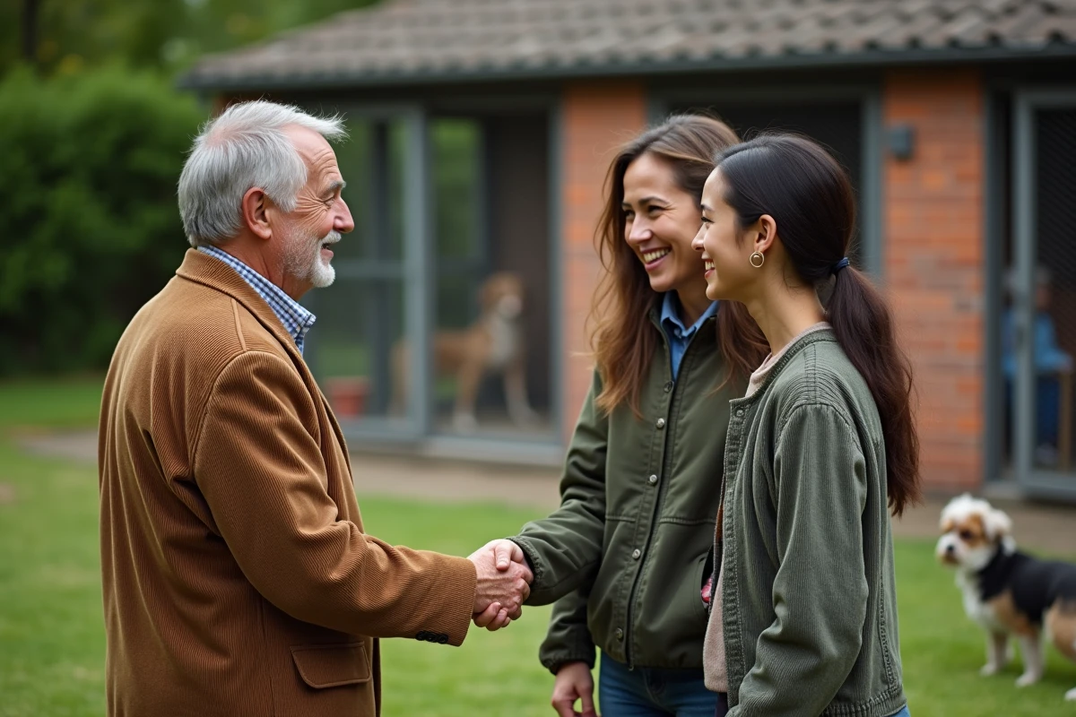 Homme âgé et couple avec un teckel en extérieur
