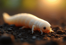 Mouche blanche en gros plan sur sol riche et sombre