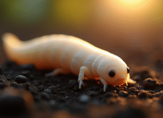 L’asticot blanc : ami ou ennemi de votre jardin ? Mouche blanche en gros plan sur sol riche et sombre