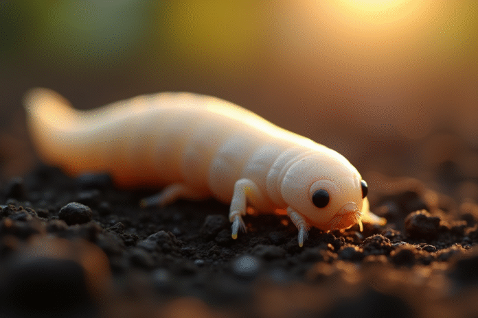 Mouche blanche en gros plan sur sol riche et sombre