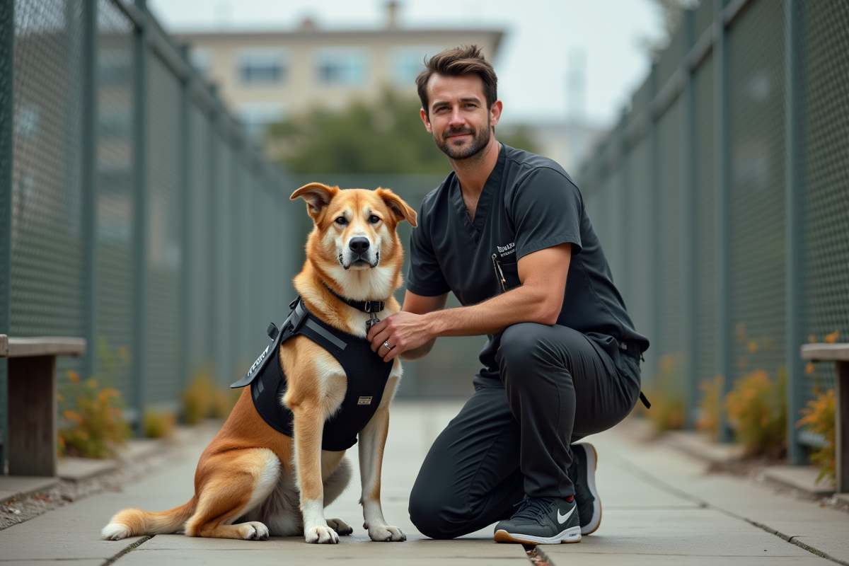 Vétérinaire avec un chien en gilet de sauvetage dans un refuge