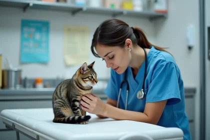 Vétérinaire examine un chat au visage particulier