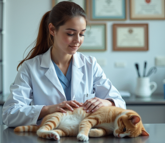 Nombre de chatons à venir : comment les prédire facilement ? Vétérinaire examine une chatte enceinte en clinique