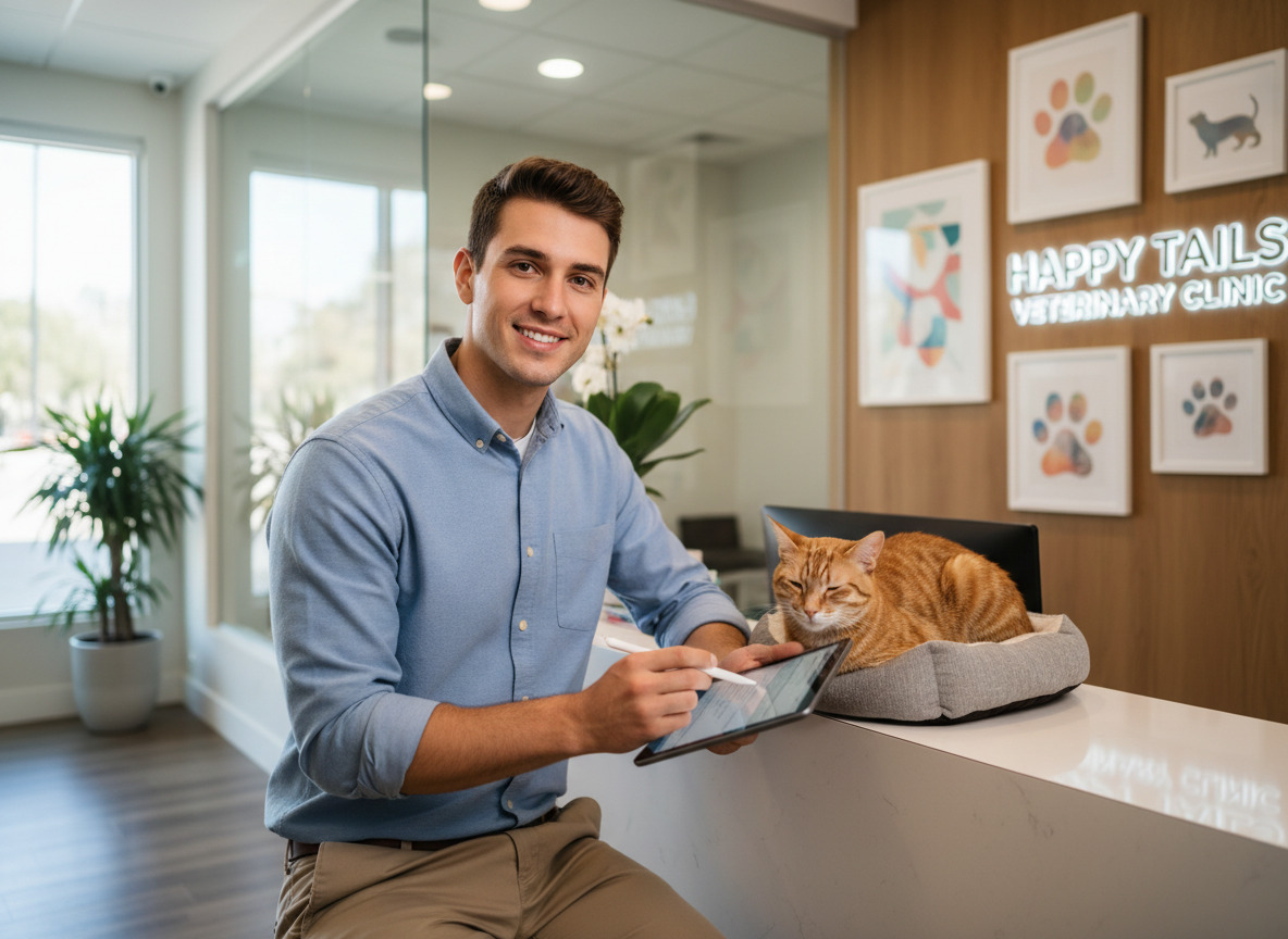 Vétérinaire jeune avec chat sur le comptoir de la clinique