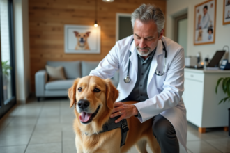 Vétérinaire ajustant un harnais sur un retriever doré en clinique