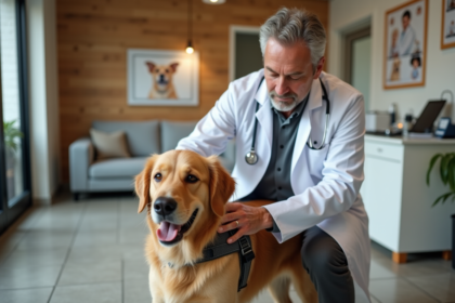 Vétérinaire ajustant un harnais sur un retriever doré en clinique