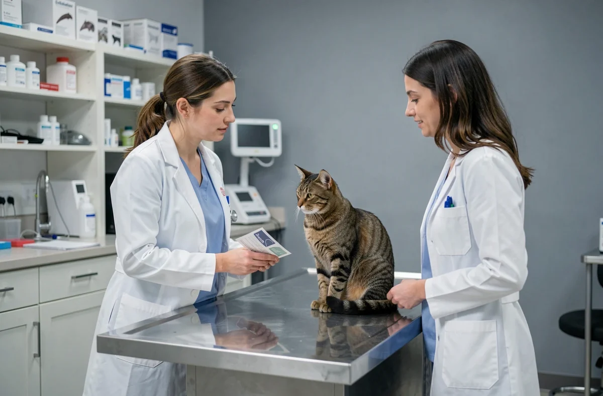 Vétérinaire expliquant les options de contraception pour chat à une propriétaire dans une clinique vétérinaire moderne