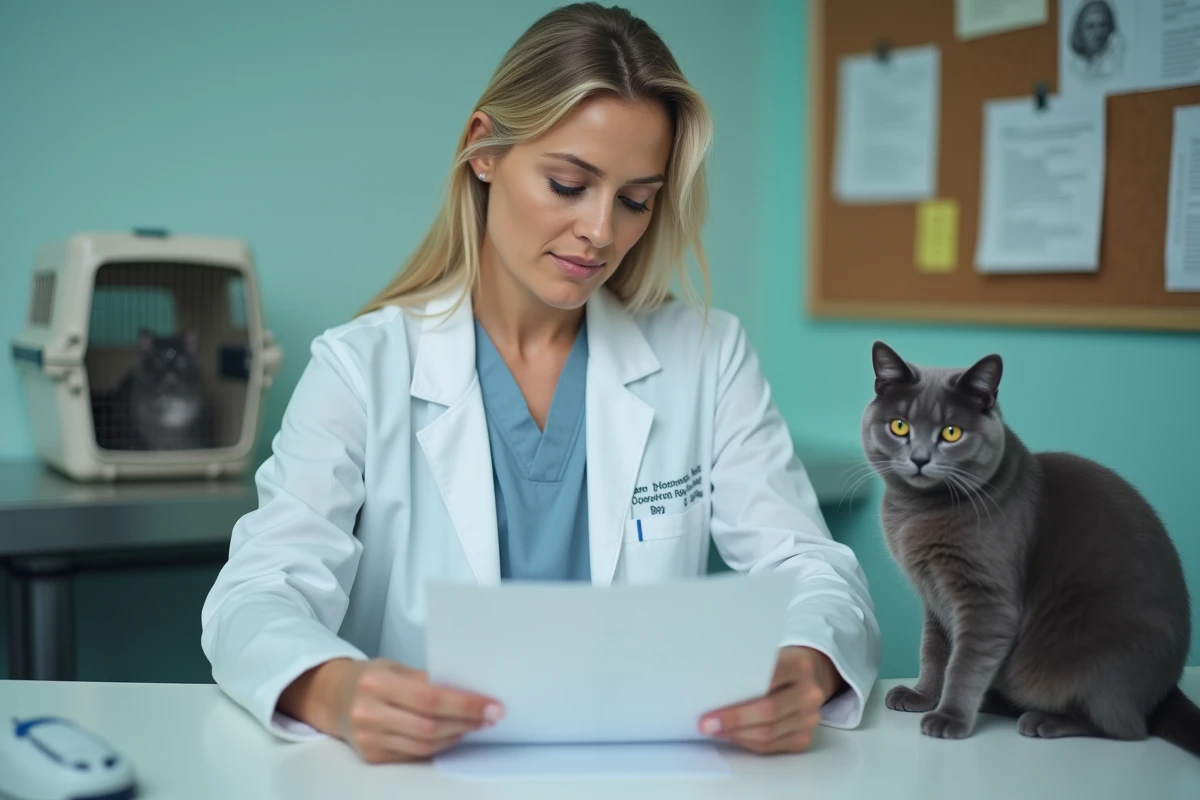 Vétérinaire consultant un tableau de dosage pour chat dans une clinique vétérinaire