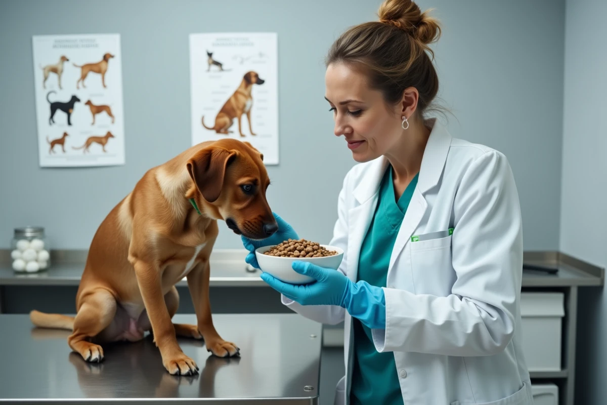 Vétérinaire présentant des croquettes à un chien lors d'une consultation pour allergies alimentaires