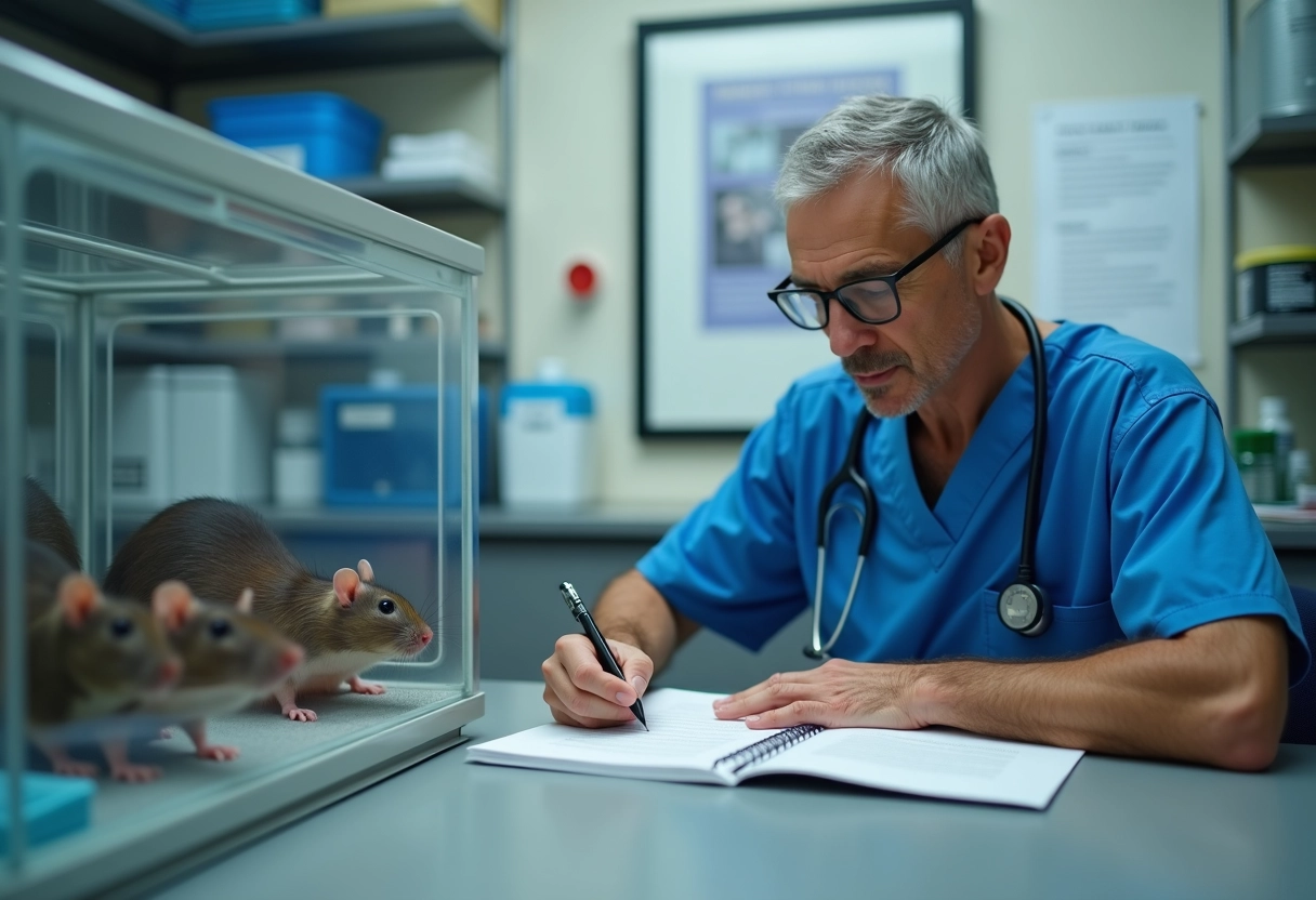 Vétérinaire enregistrant des notes près d’un enclos à rats