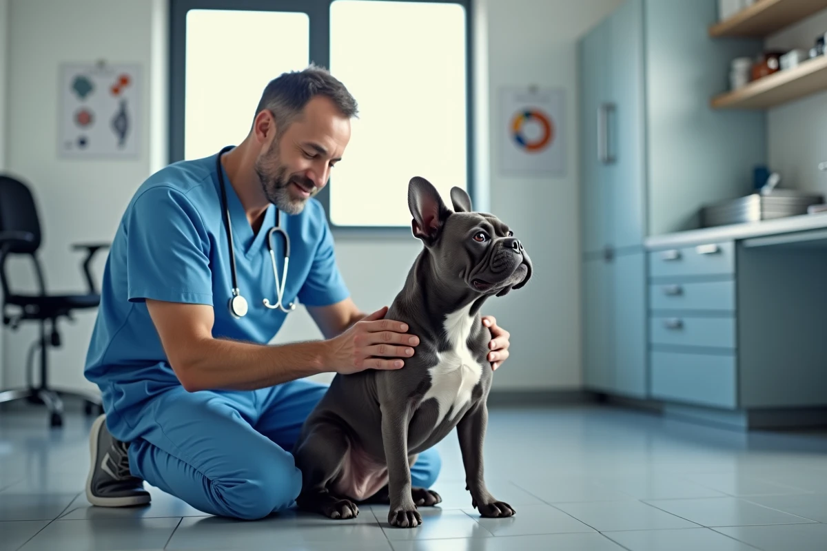 Vétérinaire examinant un bulldog français bleu en clinique